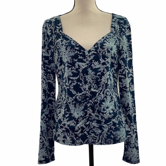 Maxime Tops - MAXIME Navy Blue Floral Long Sleeve Top Size Large